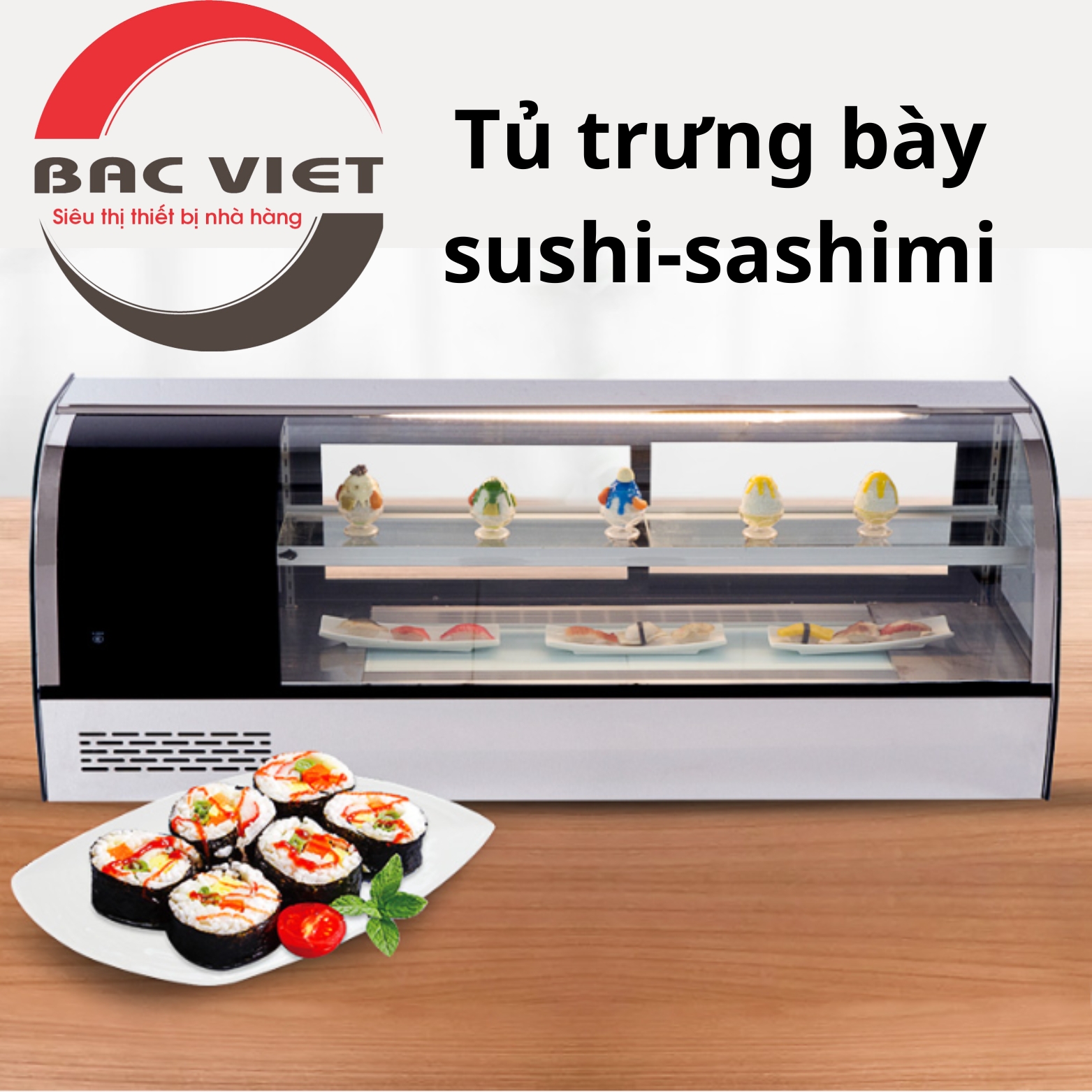Tủ trưng bày sushi 1.5m loại 2 tầng kính chống mờ