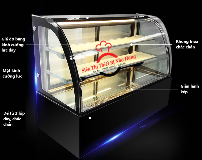 Cấu tạo tủ trưng bày bánh kem kính cong 90cm