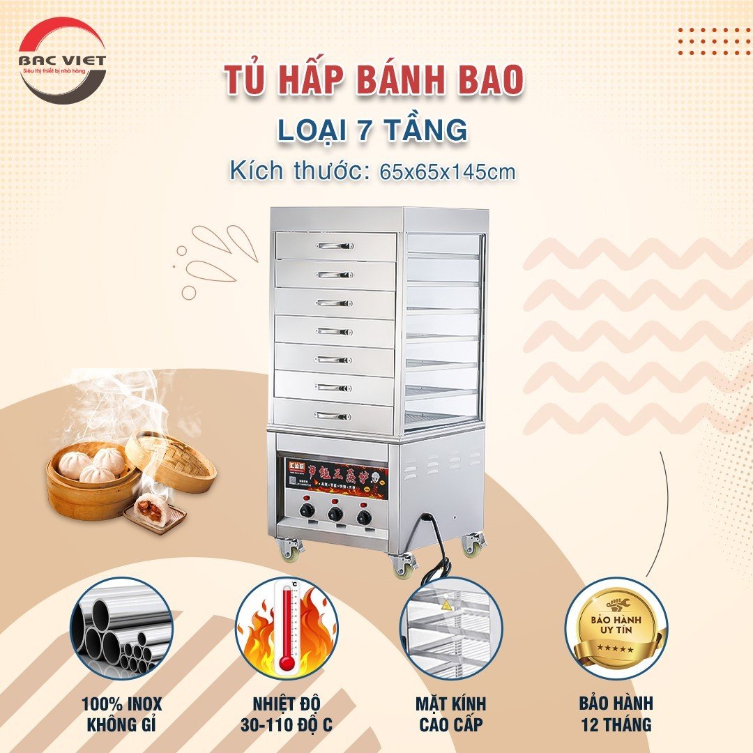 Tủ Hấp Bánh Bao 7 Tầng Ngăn Kéo có chân- hấp được bánh sống