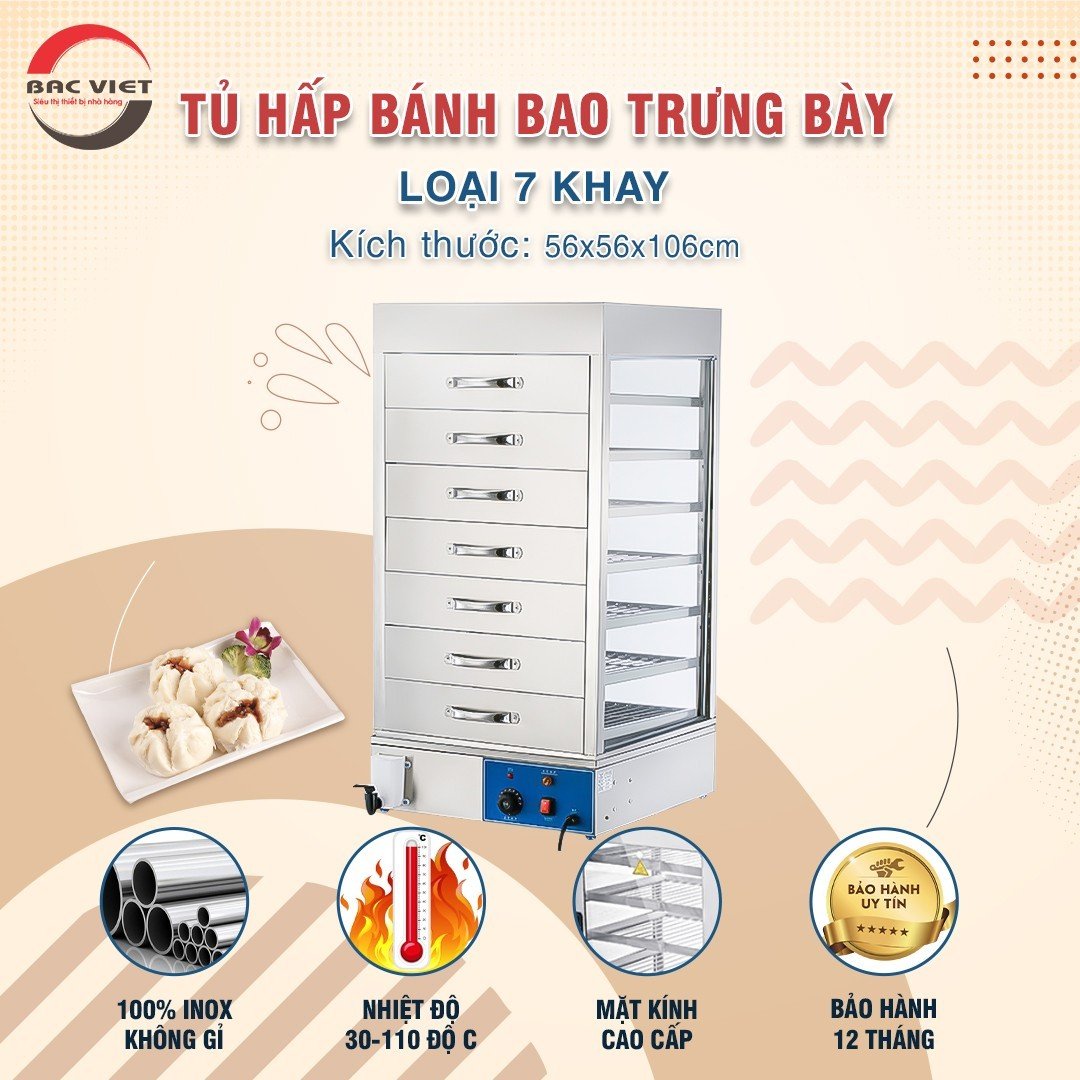 Tủ hấp nóng và trưng bày bánh bao ngăn kéo 7 tầng